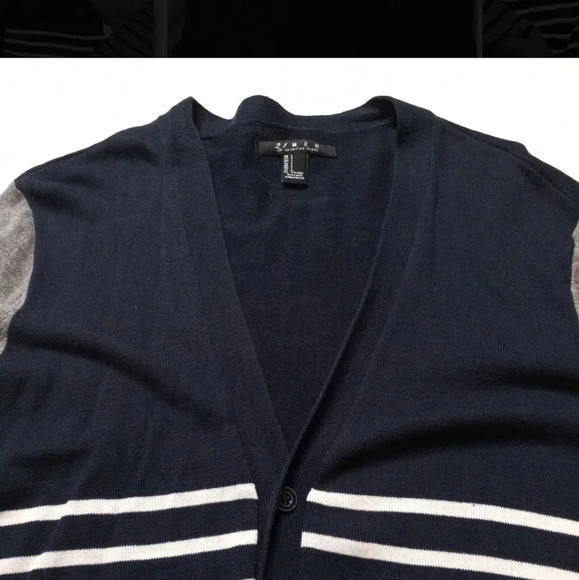 21 men Blue/White solid/ Striped blocking button down cardy Size M - Picture 10 of 11